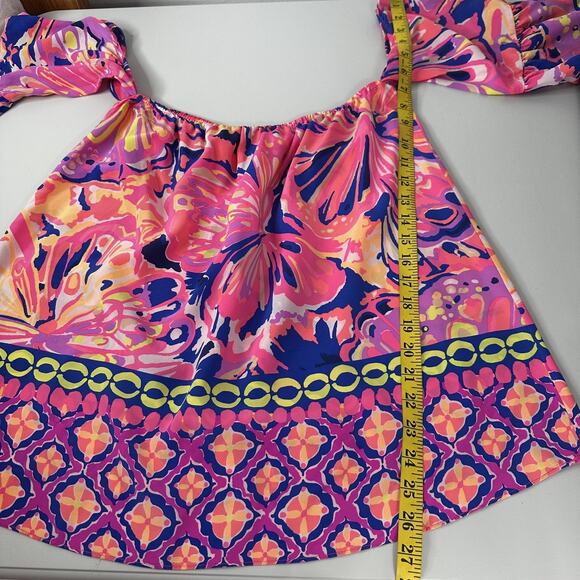 Lilly Pulitzer Sanilla Silk Top Off the Shoulder Pink Fusion Medium Floral - Picture 8 of 10